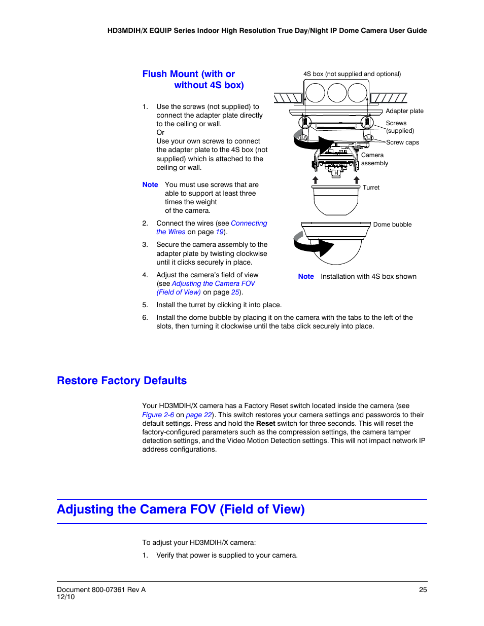 Flush mount (with or without 4s box), Restore factory defaults, Adjusting the camera fov (field of view) | E camera’s field of view (see | Honeywell EQUIP HD3MDIHX User Manual | Page 25 / 80