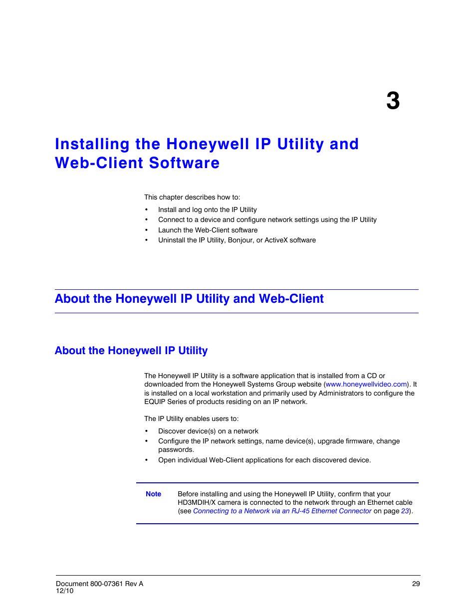 About the honeywell ip utility and web-client, About the honeywell ip utility, Describes how | Honeywell EQUIP HD3MDIHX User Manual | Page 29 / 80