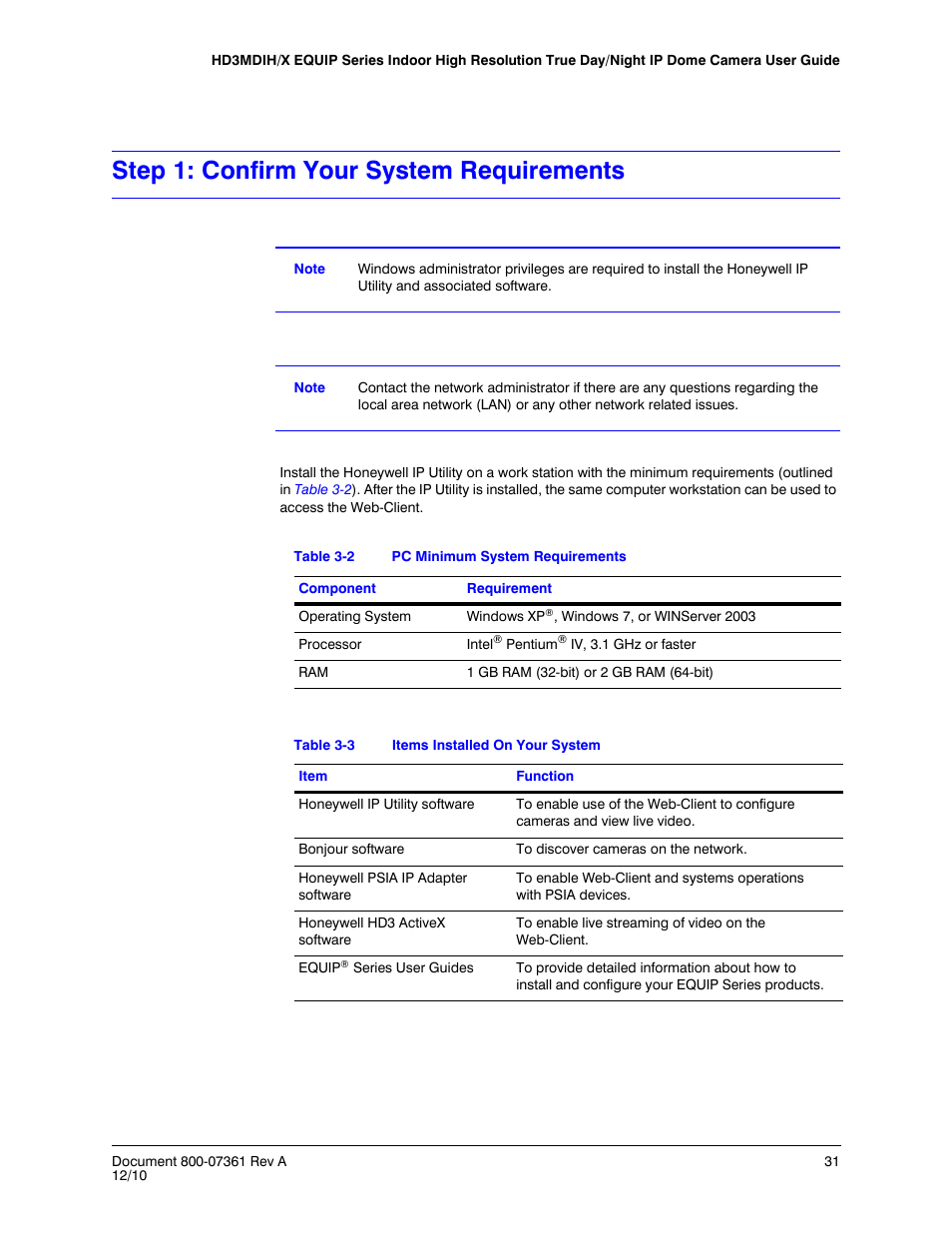 Step 1: confirm your system requirements, Table 3-2, Pc minimum system requirements | Table 3-3, Items installed on your system | Honeywell EQUIP HD3MDIHX User Manual | Page 31 / 80