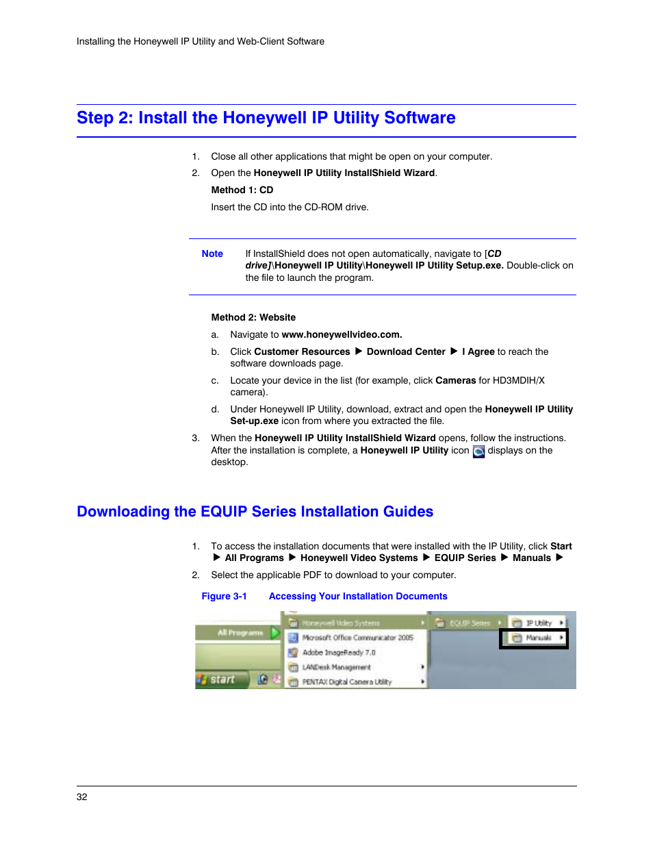 Step 2: install the honeywell ip utility software, Downloading the equip series installation guides, Figure 3-1 | Accessing your installation documents | Honeywell EQUIP HD3MDIHX User Manual | Page 32 / 80