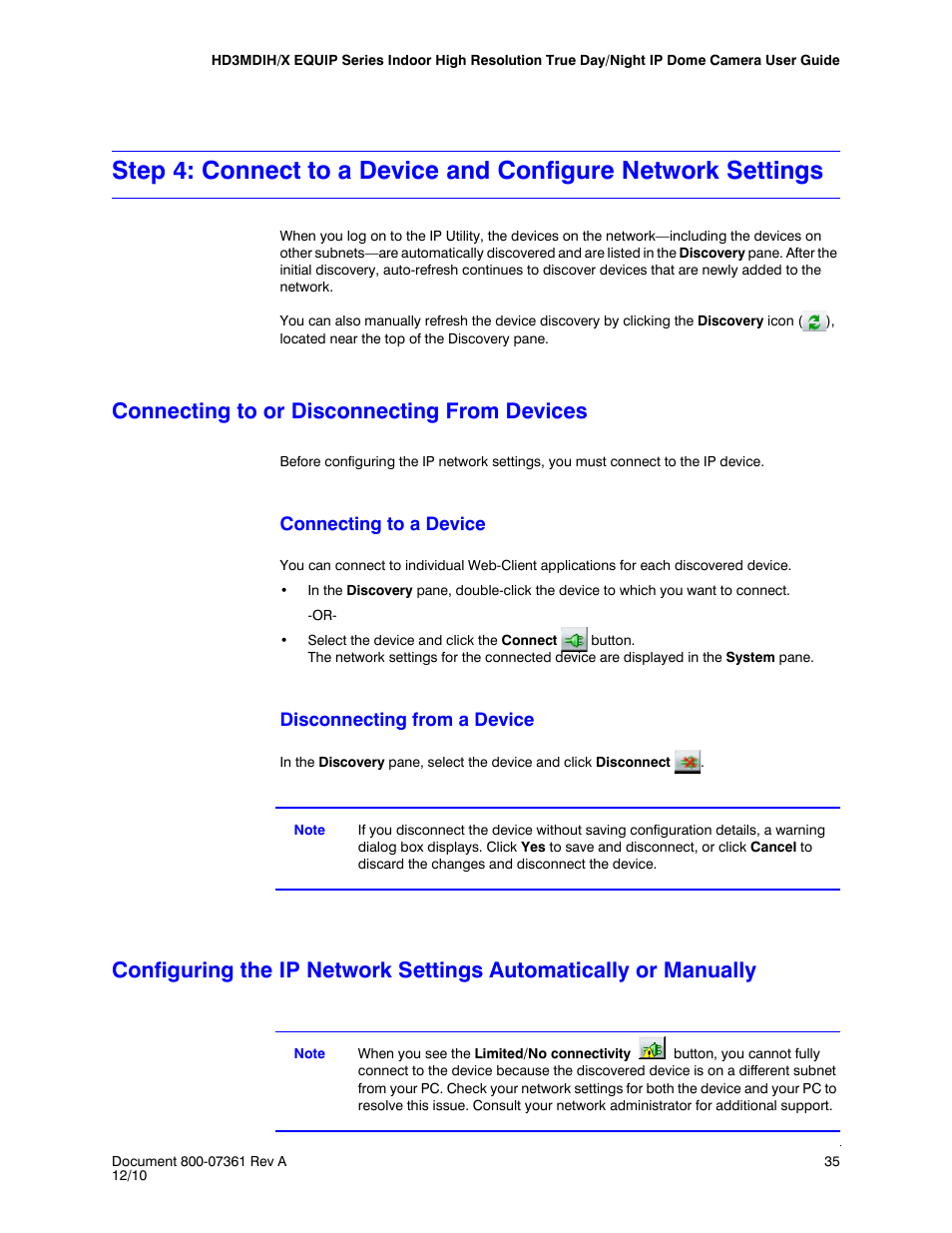 Connecting to or disconnecting from devices, Connecting to a device, Disconnecting from a device | Honeywell EQUIP HD3MDIHX User Manual | Page 35 / 80