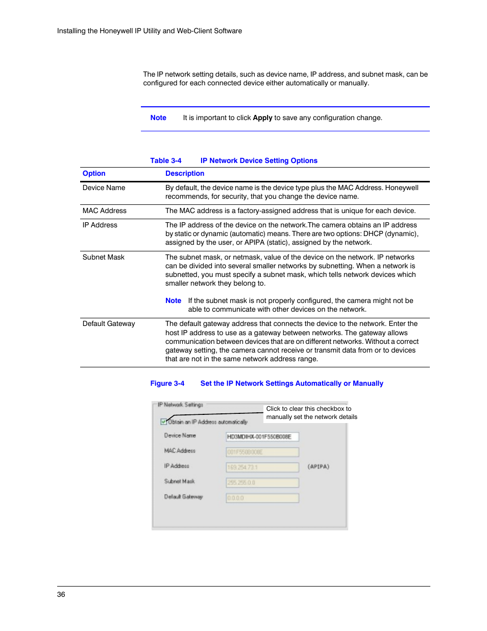 Figure 3-4, Table 3-4, Ip network device setting options | Honeywell EQUIP HD3MDIHX User Manual | Page 36 / 80