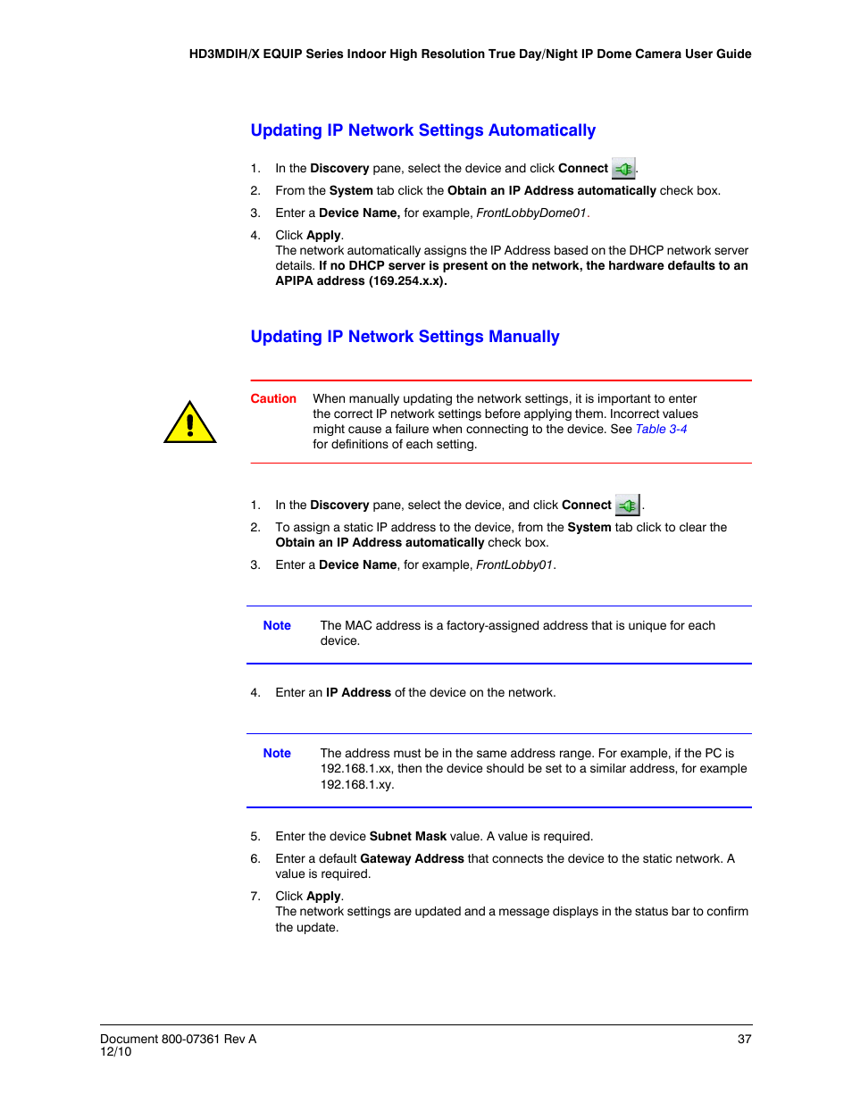 Updating ip network settings automatically, Updating ip network settings manually | Honeywell EQUIP HD3MDIHX User Manual | Page 37 / 80