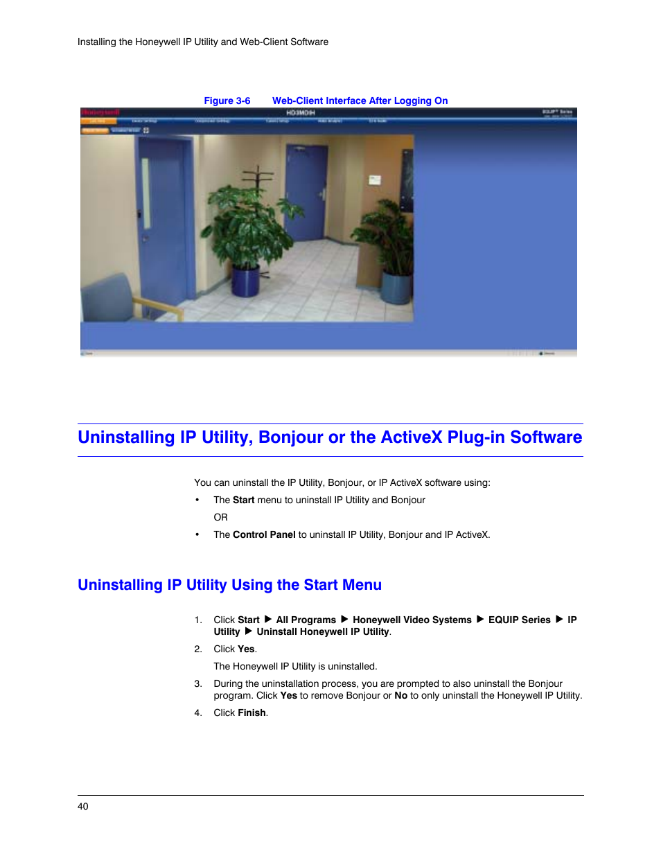 Uninstalling ip utility using the start menu, Figure 3-6, Web-client interface after logging on | Honeywell EQUIP HD3MDIHX User Manual | Page 40 / 80