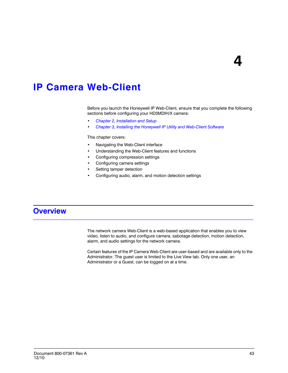 Ip camera web-client 4, Overview, Ip camera web-client | Chapter 4, ip camera web-client, Describes how t | Honeywell EQUIP HD3MDIHX User Manual | Page 43 / 80