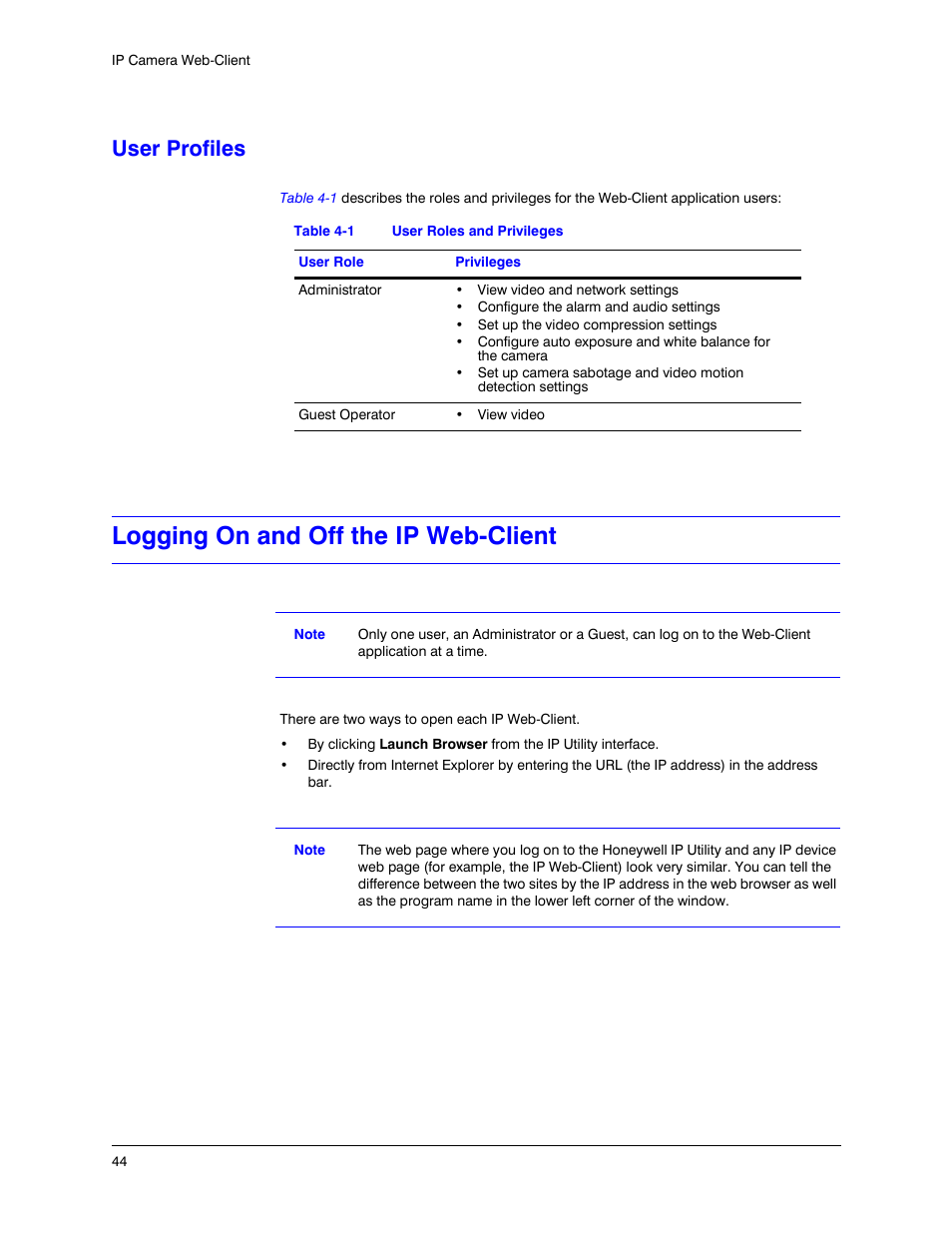 User profiles, Logging on and off the ip web-client, Table 4-1 | User roles and privileges | Honeywell EQUIP HD3MDIHX User Manual | Page 44 / 80