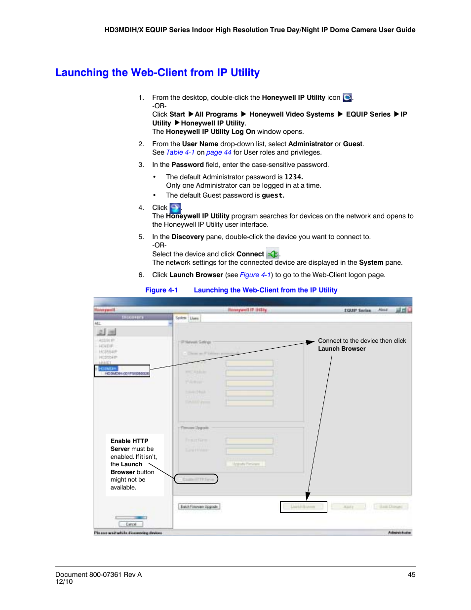 Launching the web-client from ip utility, Figure 4-1, Launching the web-client from the ip utility | Honeywell EQUIP HD3MDIHX User Manual | Page 45 / 80