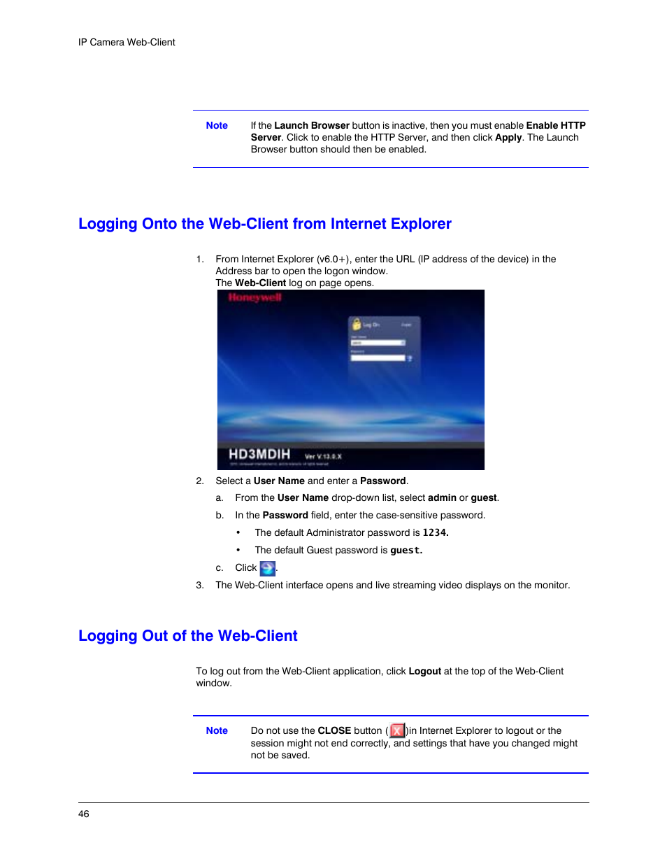 Logging onto the web-client from internet explorer, Logging out of the web-client | Honeywell EQUIP HD3MDIHX User Manual | Page 46 / 80