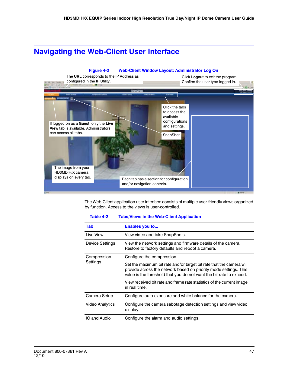 Navigating the web-client user interface, Figure 4-2, Web-client window layout: administrator log on | Table 4-2, Tabs/views in the web-client application | Honeywell EQUIP HD3MDIHX User Manual | Page 47 / 80