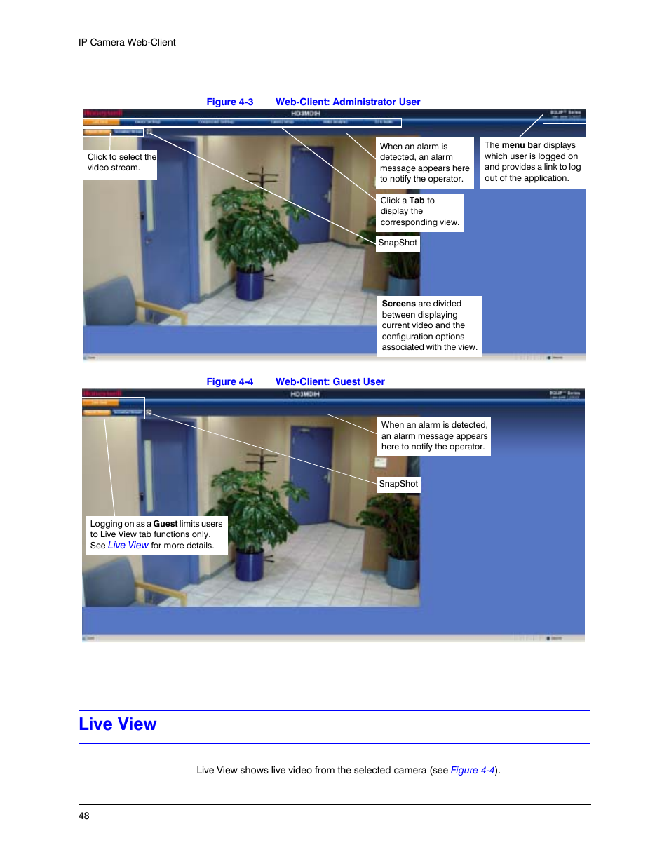 Live view, Figure 4-3, Web-client: administrator user | Figure 4-4, Web-client: guest user | Honeywell EQUIP HD3MDIHX User Manual | Page 48 / 80