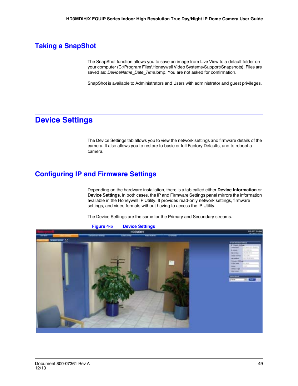 Taking a snapshot, Device settings, Configuring ip and firmware settings | Figure 4-5 | Honeywell EQUIP HD3MDIHX User Manual | Page 49 / 80