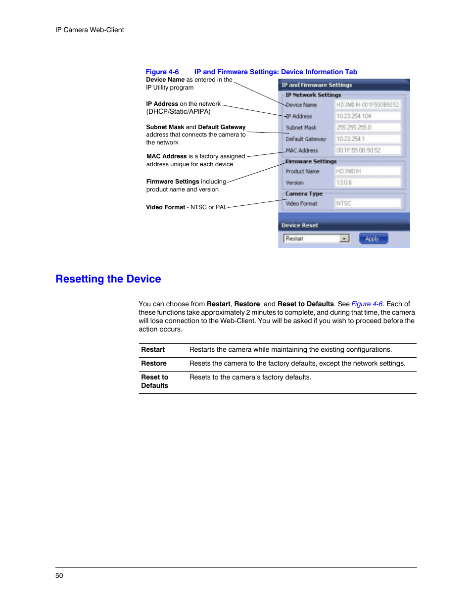 Resetting the device, Figure 4-6, Ip and firmware settings: device information tab | Honeywell EQUIP HD3MDIHX User Manual | Page 50 / 80