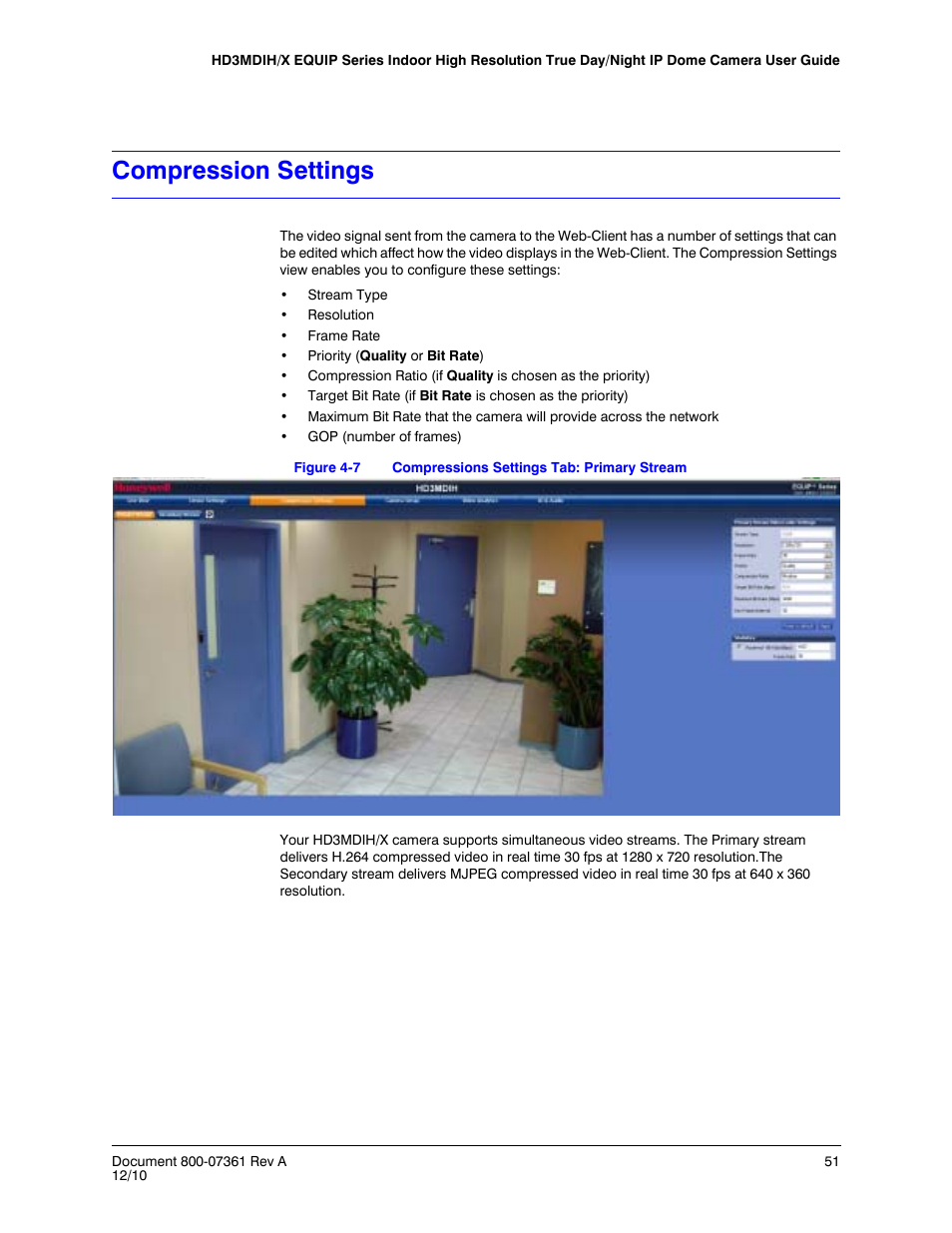 Compression settings, Figure 4-7, Compressions settings tab: primary stream | Honeywell EQUIP HD3MDIHX User Manual | Page 51 / 80