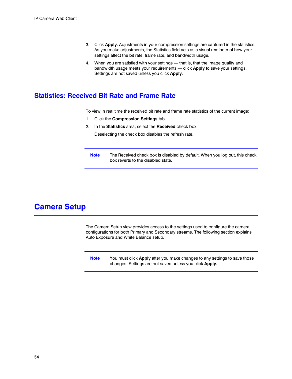 Statistics: received bit rate and frame rate, Camera setup | Honeywell EQUIP HD3MDIHX User Manual | Page 54 / 80