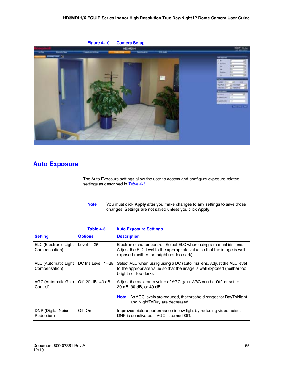 Auto exposure, Figure 4-10, Camera setup | Table 4-5, Auto exposure settings | Honeywell EQUIP HD3MDIHX User Manual | Page 55 / 80