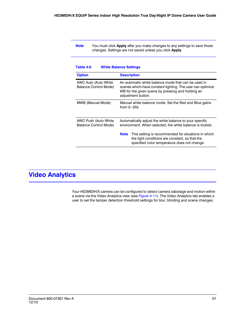 Video analytics, Table 4-6, White balance settings | Honeywell EQUIP HD3MDIHX User Manual | Page 57 / 80