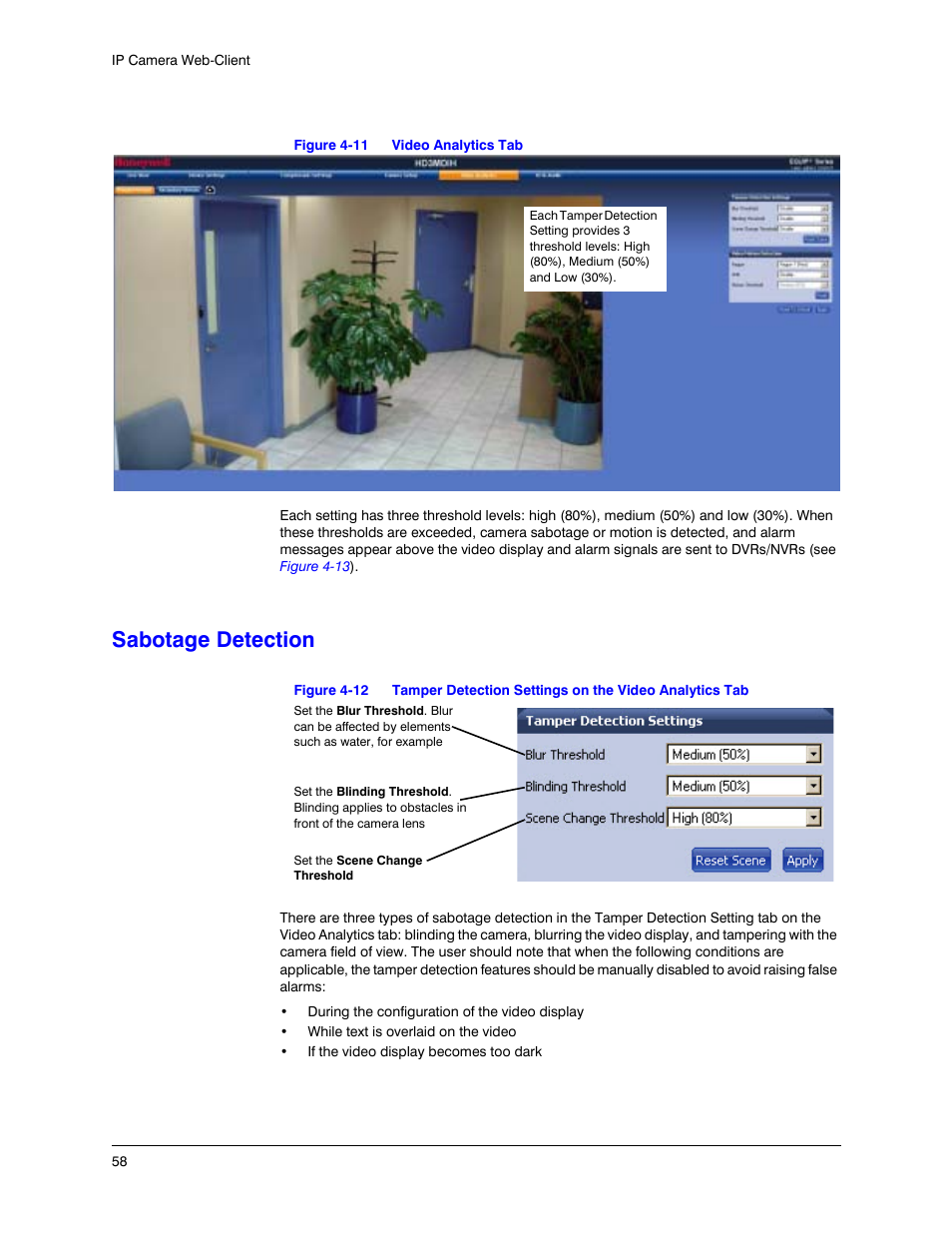 Sabotage detection, Figure 4-11, Video analytics tab | Figure 4-12 | Honeywell EQUIP HD3MDIHX User Manual | Page 58 / 80