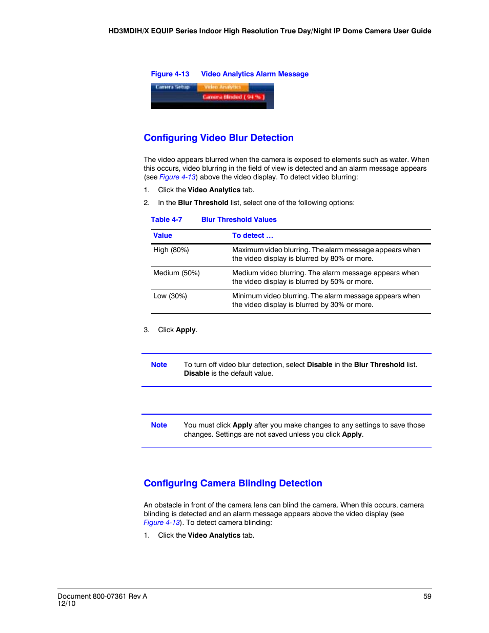 Configuring video blur detection, Configuring camera blinding detection, Figure 4-13 | Video analytics alarm message, Table 4-7, Blur threshold values | Honeywell EQUIP HD3MDIHX User Manual | Page 59 / 80