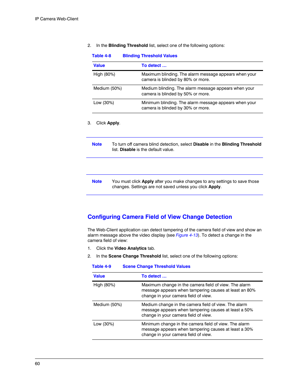 Configuring camera field of view change detection, Table 4-8, Blinding threshold values | Table 4-9, Scene change threshold values | Honeywell EQUIP HD3MDIHX User Manual | Page 60 / 80