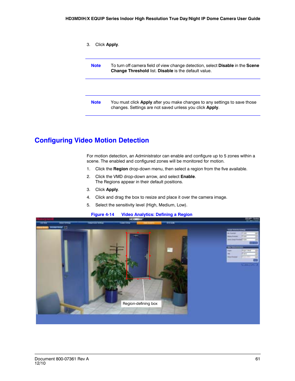 Configuring video motion detection, Figure 4-14, Video analytics: defining a region | Honeywell EQUIP HD3MDIHX User Manual | Page 61 / 80