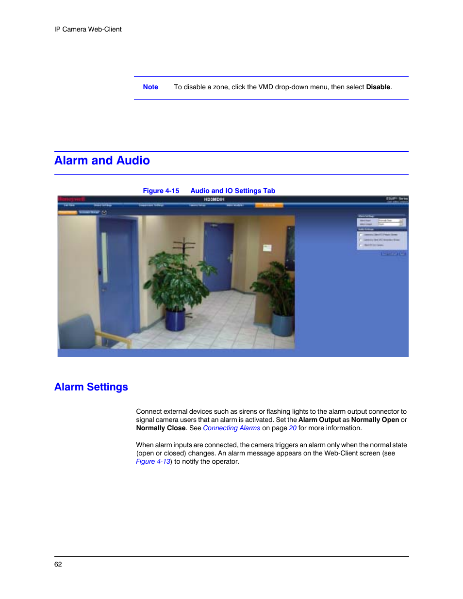 Alarm and audio, Alarm settings, Figure 4-15 | Audio and io settings tab, To configure the a | Honeywell EQUIP HD3MDIHX User Manual | Page 62 / 80