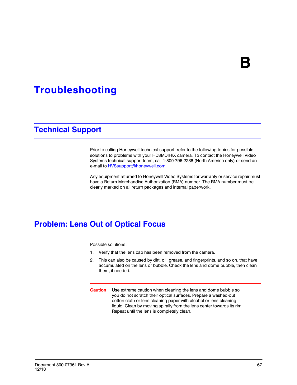 Troubleshooting b, Technical support, Problem: lens out of optical focus | Appendix b, Troubleshooting, Appendix b, troubleshooting | Honeywell EQUIP HD3MDIHX User Manual | Page 67 / 80