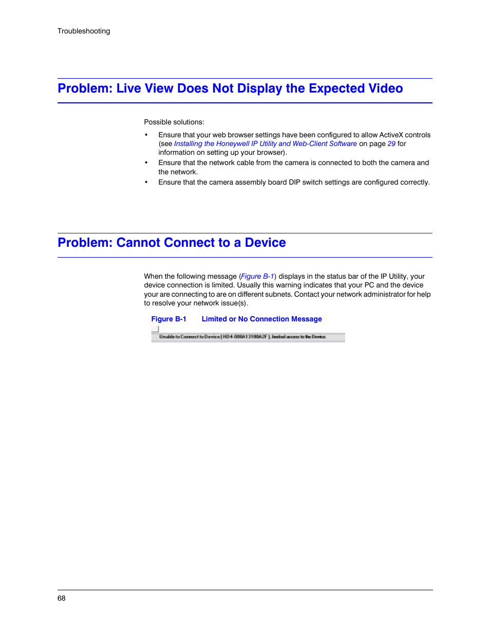 Problem: cannot connect to a device, Figure b-1, Limited or no connection message | Honeywell EQUIP HD3MDIHX User Manual | Page 68 / 80