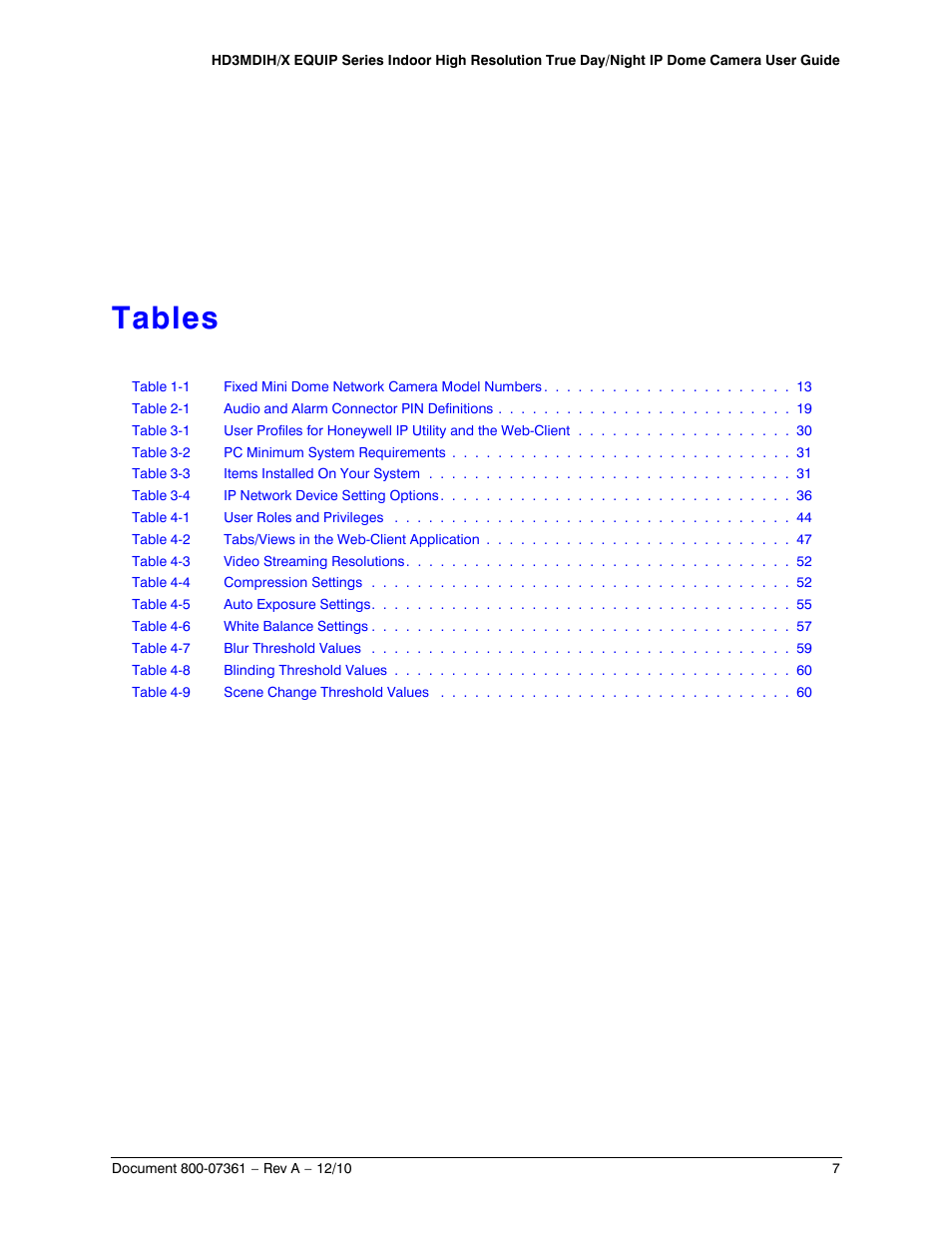 Tables | Honeywell EQUIP HD3MDIHX User Manual | Page 7 / 80