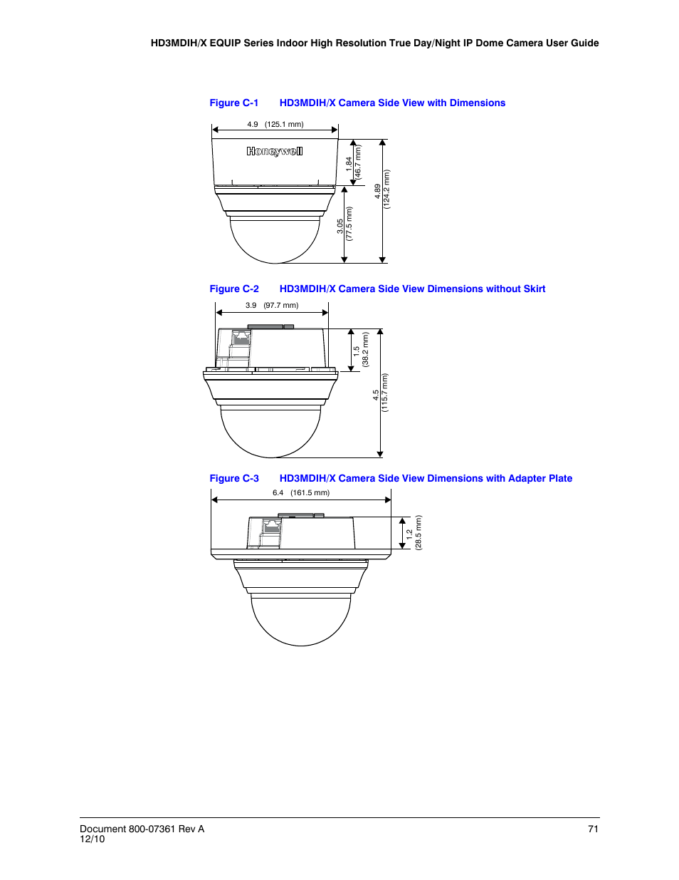 Figure c-1, Hd3mdih/x camera side view with dimensions, Figure c-2 | Figure c-3 | Honeywell EQUIP HD3MDIHX User Manual | Page 71 / 80