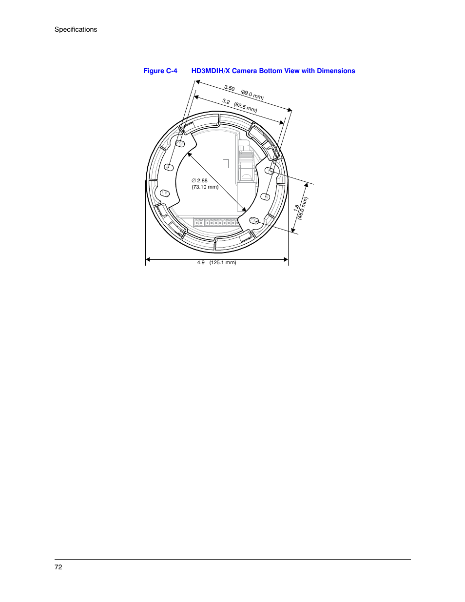 Figure c-4, Hd3mdih/x camera bottom view with dimensions | Honeywell EQUIP HD3MDIHX User Manual | Page 72 / 80