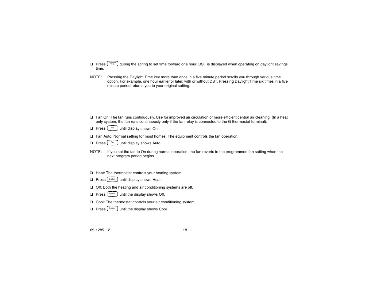 Step 11. set the fan and system key, Set the fan key, Set the system key | Honeywell CT3650 User Manual | Page 18 / 24