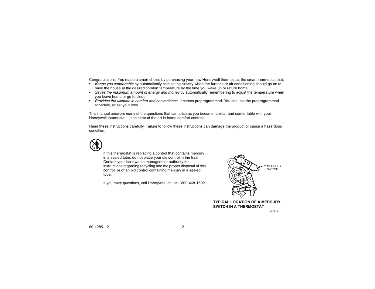 Mercury notice | Honeywell CT3650 User Manual | Page 2 / 24