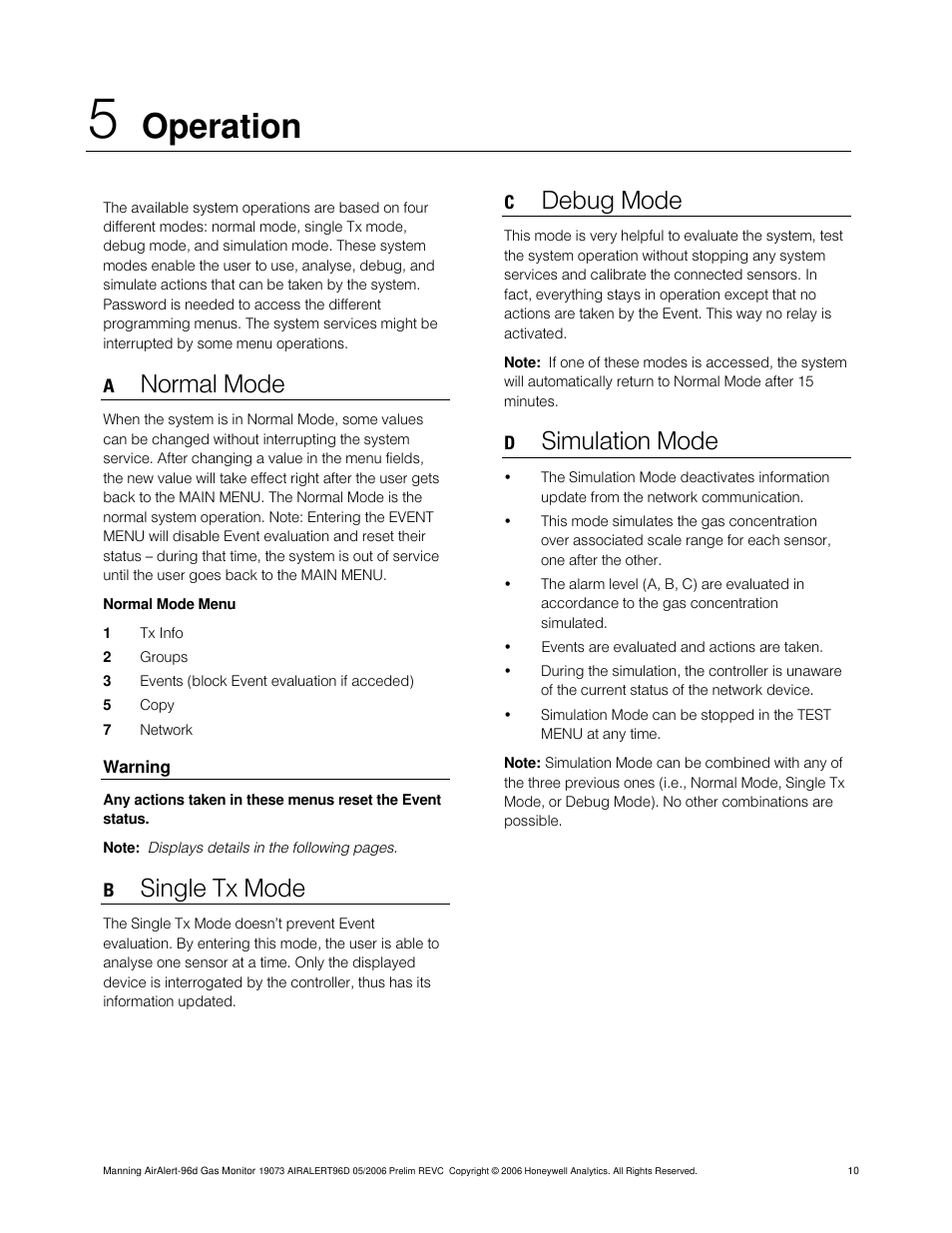 Operation, Normal mode, Single tx mode | Debug mode, Simulation mode | Honeywell 96D User Manual | Page 10 / 24