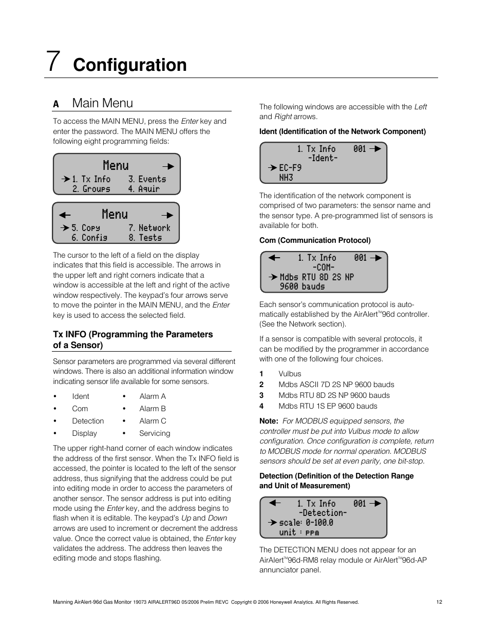 Configuration, Menu, Main menu | Honeywell 96D User Manual | Page 12 / 24