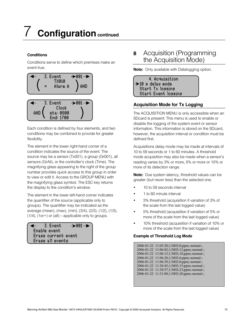 Configuration, Acquisition (programming the acquisition mode) | Honeywell 96D User Manual | Page 15 / 24