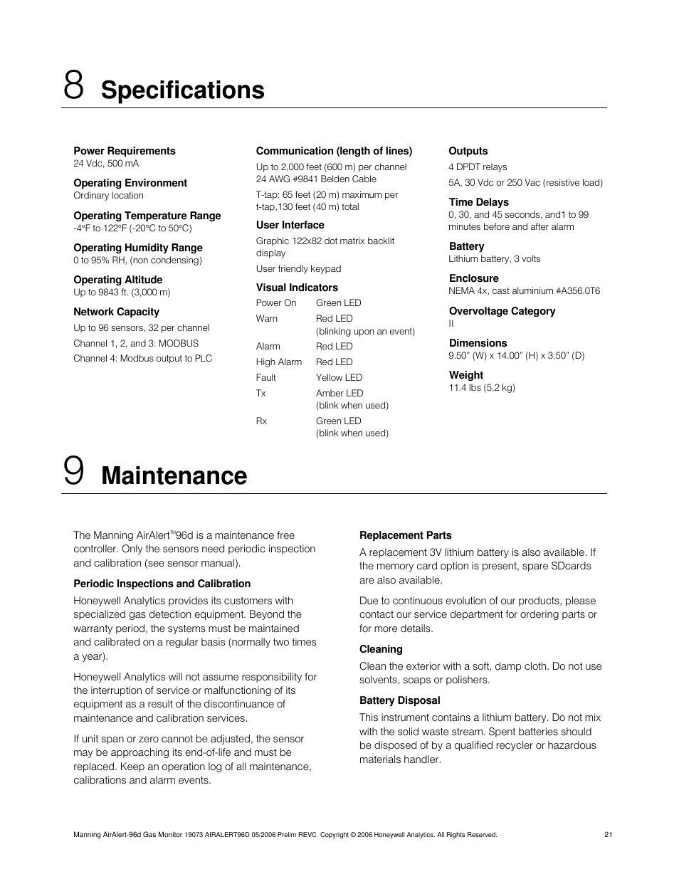 Specifications, Maintenance | Honeywell 96D User Manual | Page 21 / 24