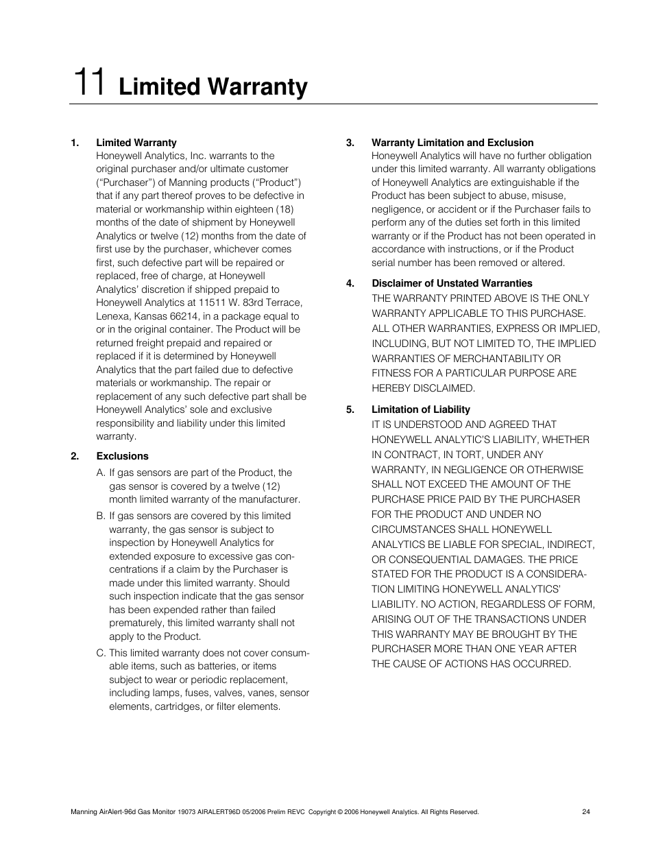Limited warranty | Honeywell 96D User Manual | Page 24 / 24