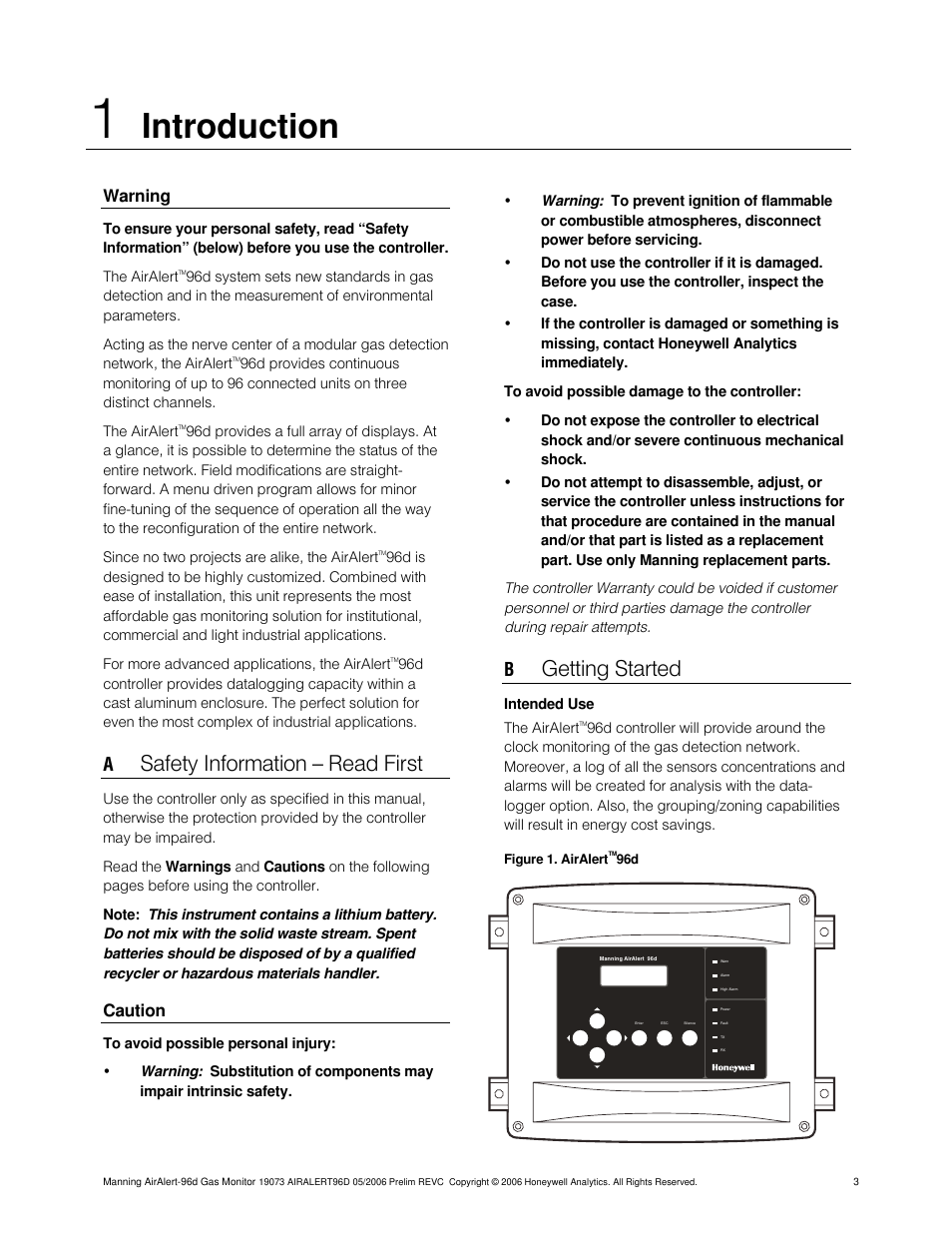 Introduction, Safety information — read first, Getting started | Warning, Caution | Honeywell 96D User Manual | Page 3 / 24
