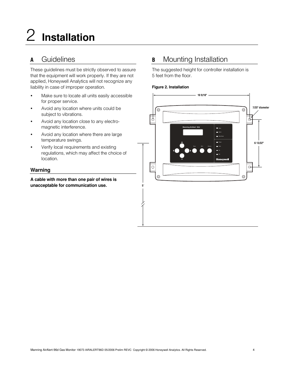 Installation, Guidelines, Mounting installation | Warning | Honeywell 96D User Manual | Page 4 / 24