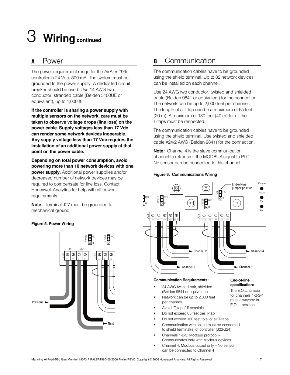Wiring, Power, Communication | Continued | Honeywell 96D User Manual | Page 7 / 24