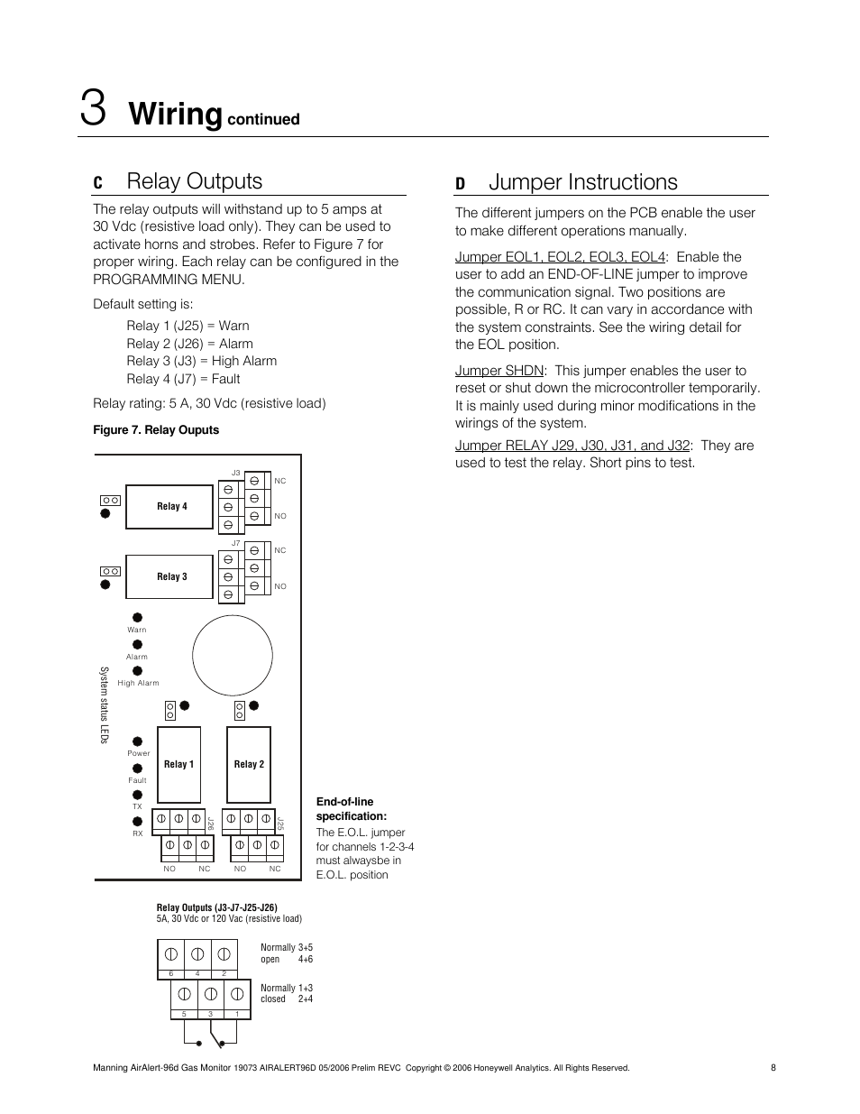 Wiring, Relay outputs, Jumper instructions | Continued | Honeywell 96D User Manual | Page 8 / 24