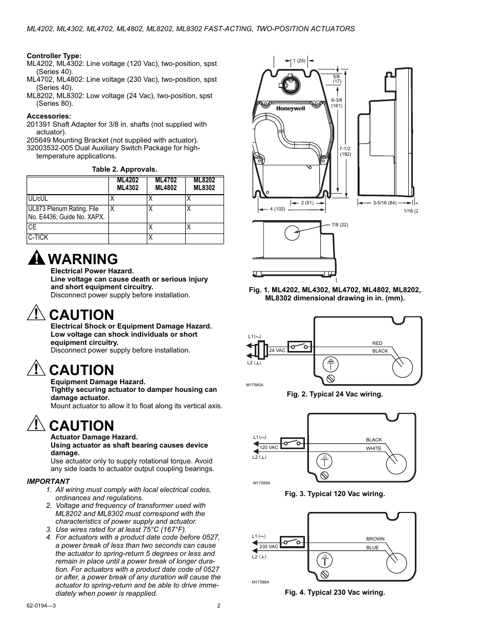 Warning, Caution | Honeywell FAST-ACTING User Manual | Page 2 / 4