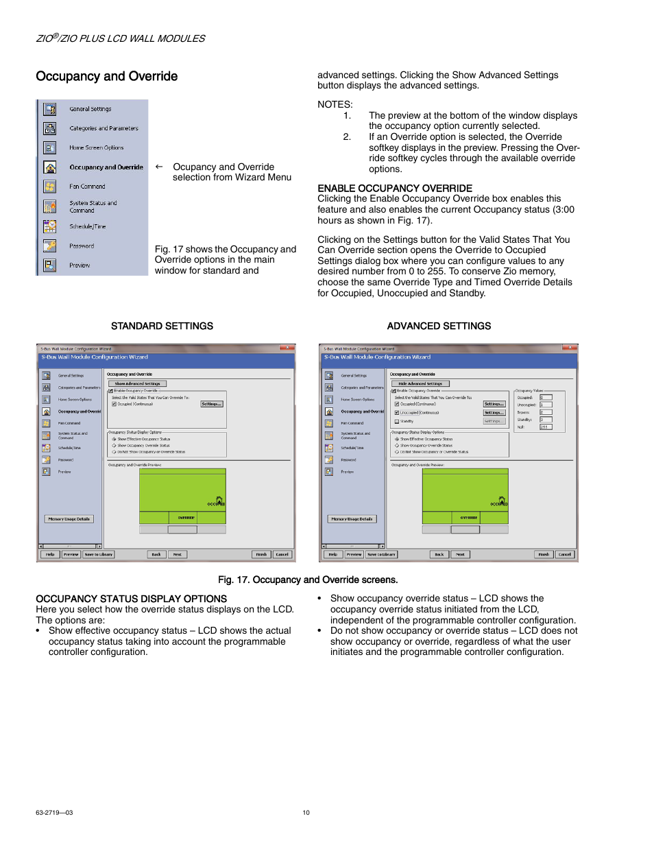 Occupancy and override | Honeywell ZIO TR71-H User Manual | Page 10 / 24