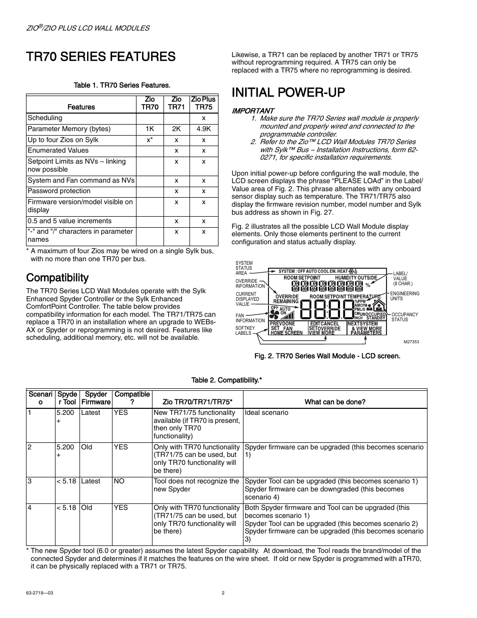 Tr70 series features, Compatibility, Initial power-up | Honeywell ZIO TR71-H User Manual | Page 2 / 24