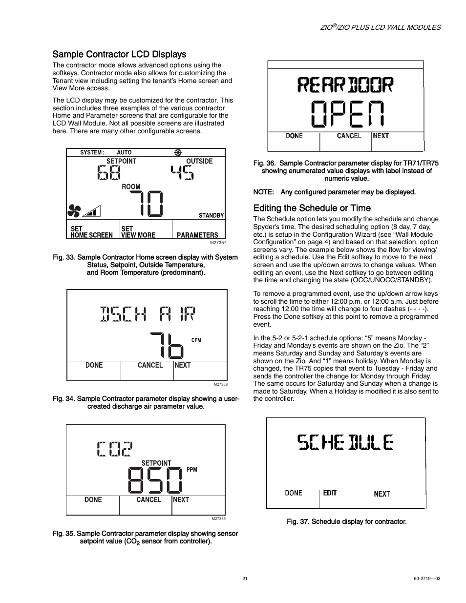 Sample contractor lcd displays, Editing the schedule or time | Honeywell ZIO TR71-H User Manual | Page 21 / 24