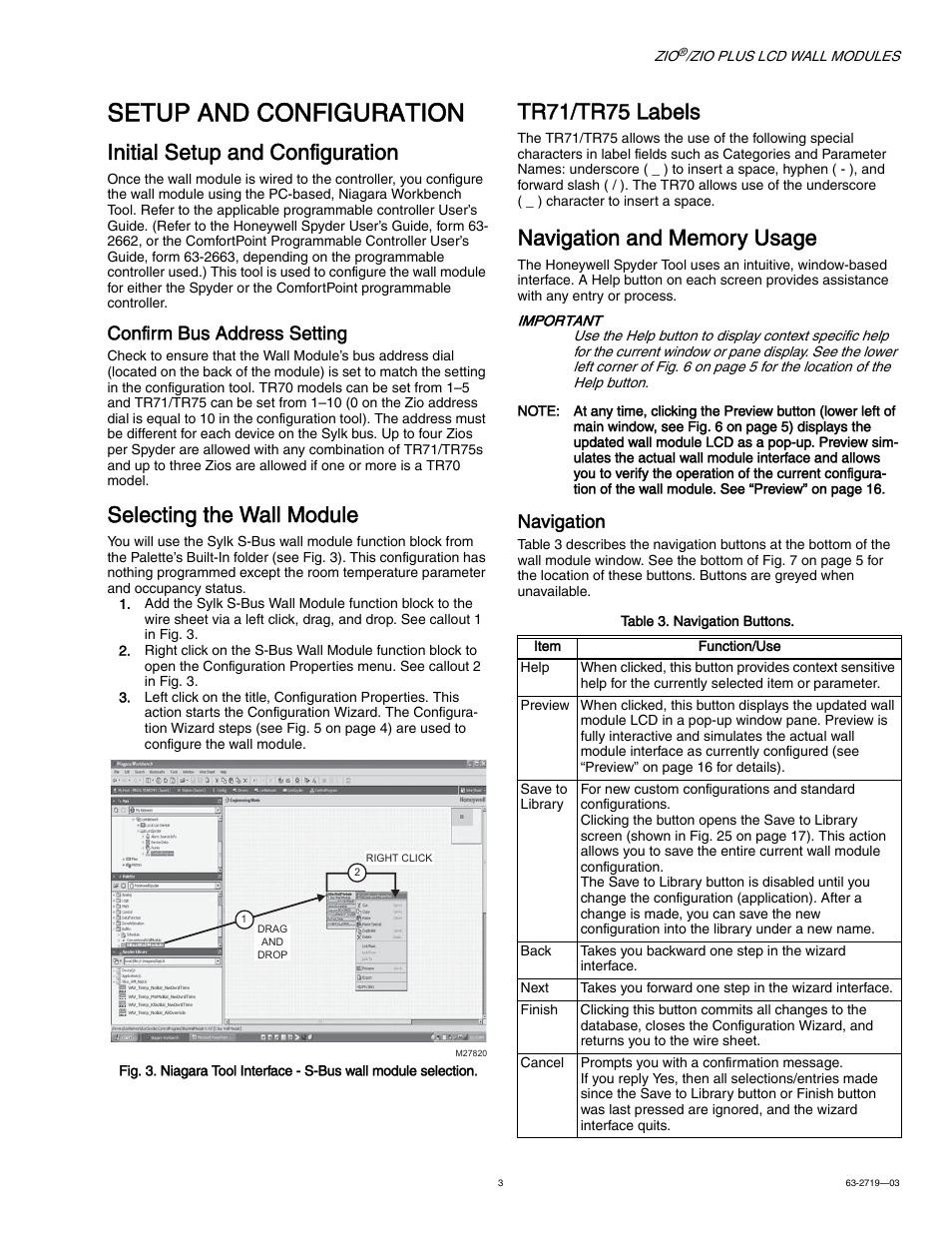 Setup and configuration, Initial setup and configuration, Selecting the wall module | Tr71/tr75 labels, Navigation and memory usage, Confirm bus address setting, Navigation | Honeywell ZIO TR71-H User Manual | Page 3 / 24