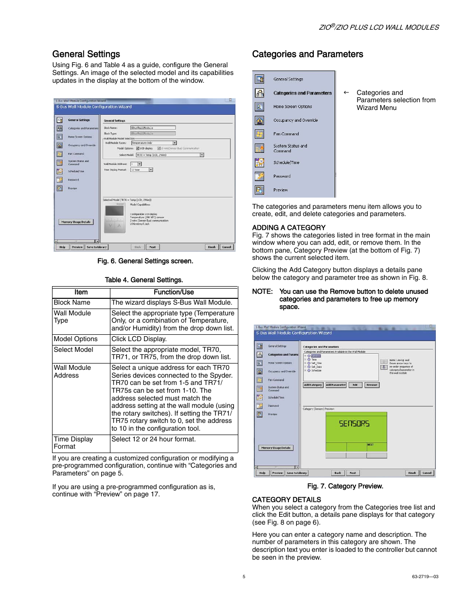 General settings, Categories and parameters | Honeywell ZIO TR71-H User Manual | Page 5 / 24