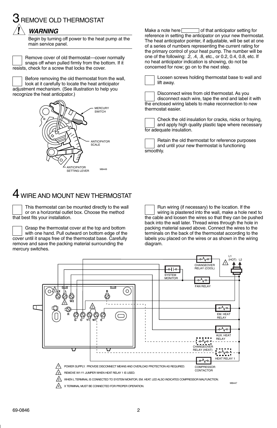 Warning, Remove old thermostat, Wire and mount new thermostat | Honeywell CT70A User Manual | Page 2 / 6