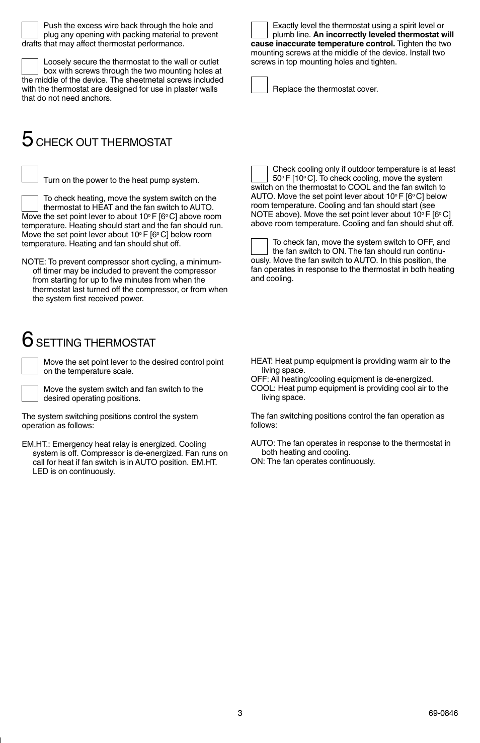 Check out thermostat, Setting thermostat | Honeywell CT70A User Manual | Page 3 / 6