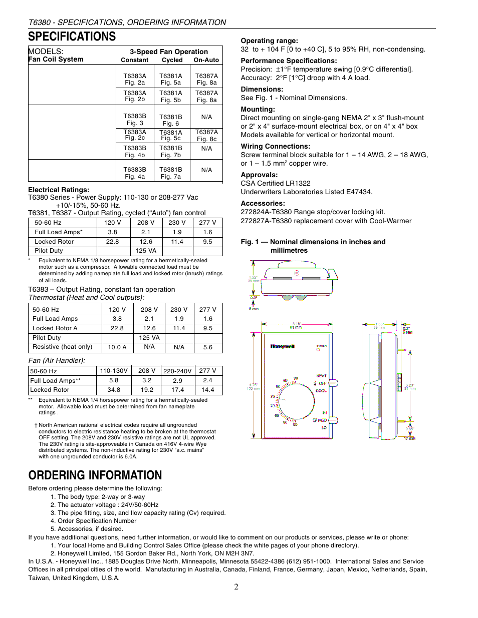 Specifications, Ordering information | Honeywell T6380 User Manual | Page 2 / 6